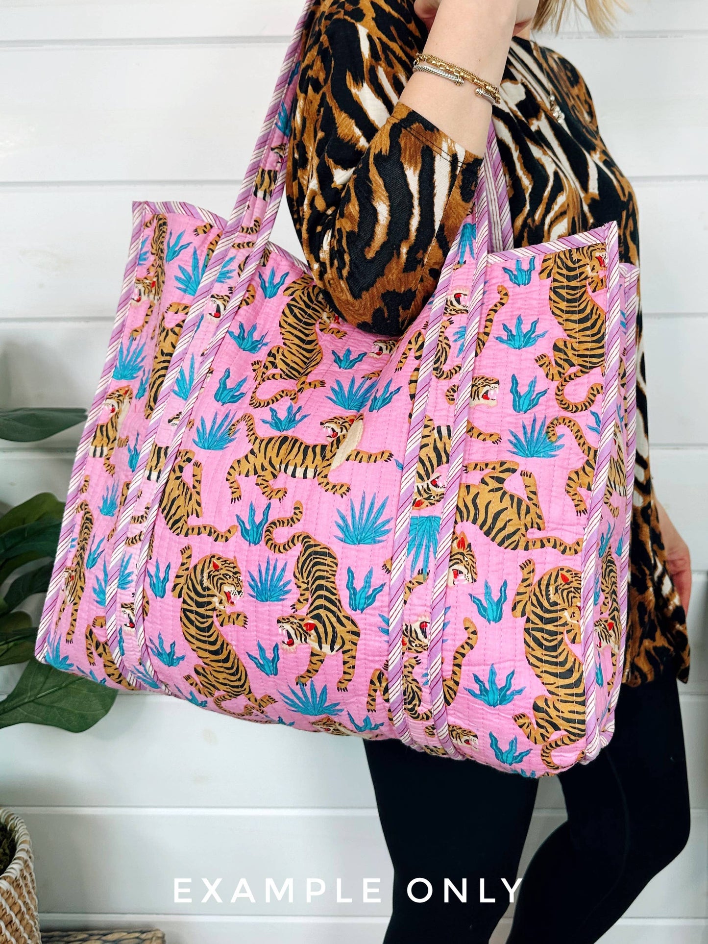 Bright Pink Tigers - Cotton Quilted Large Shopping Tote Bag