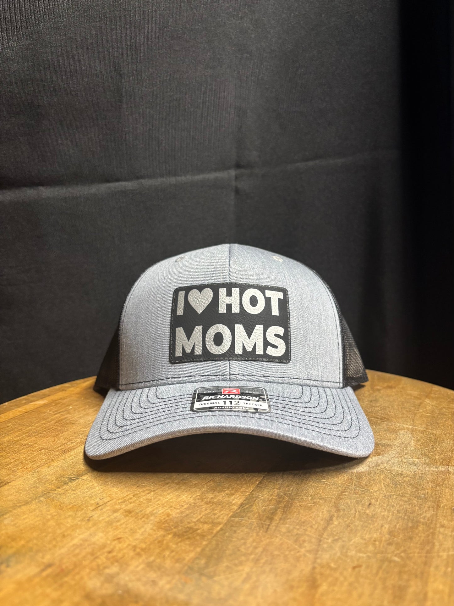 I Love Hot Moms Patch Snapback Hat: Gray & Black