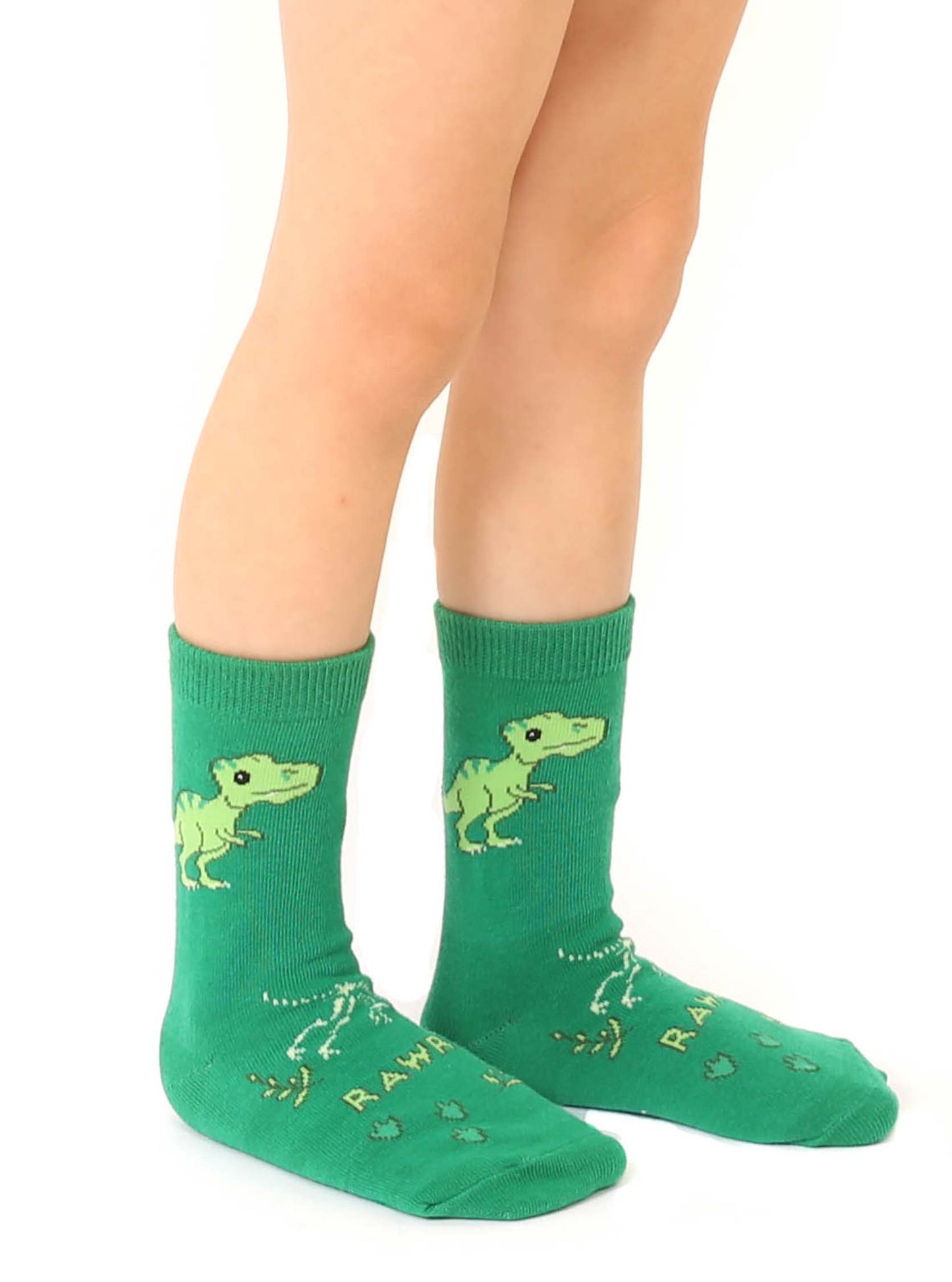 - Kids - Dinosaur - "Rawr" - Green.3D Packaged Crew Socks