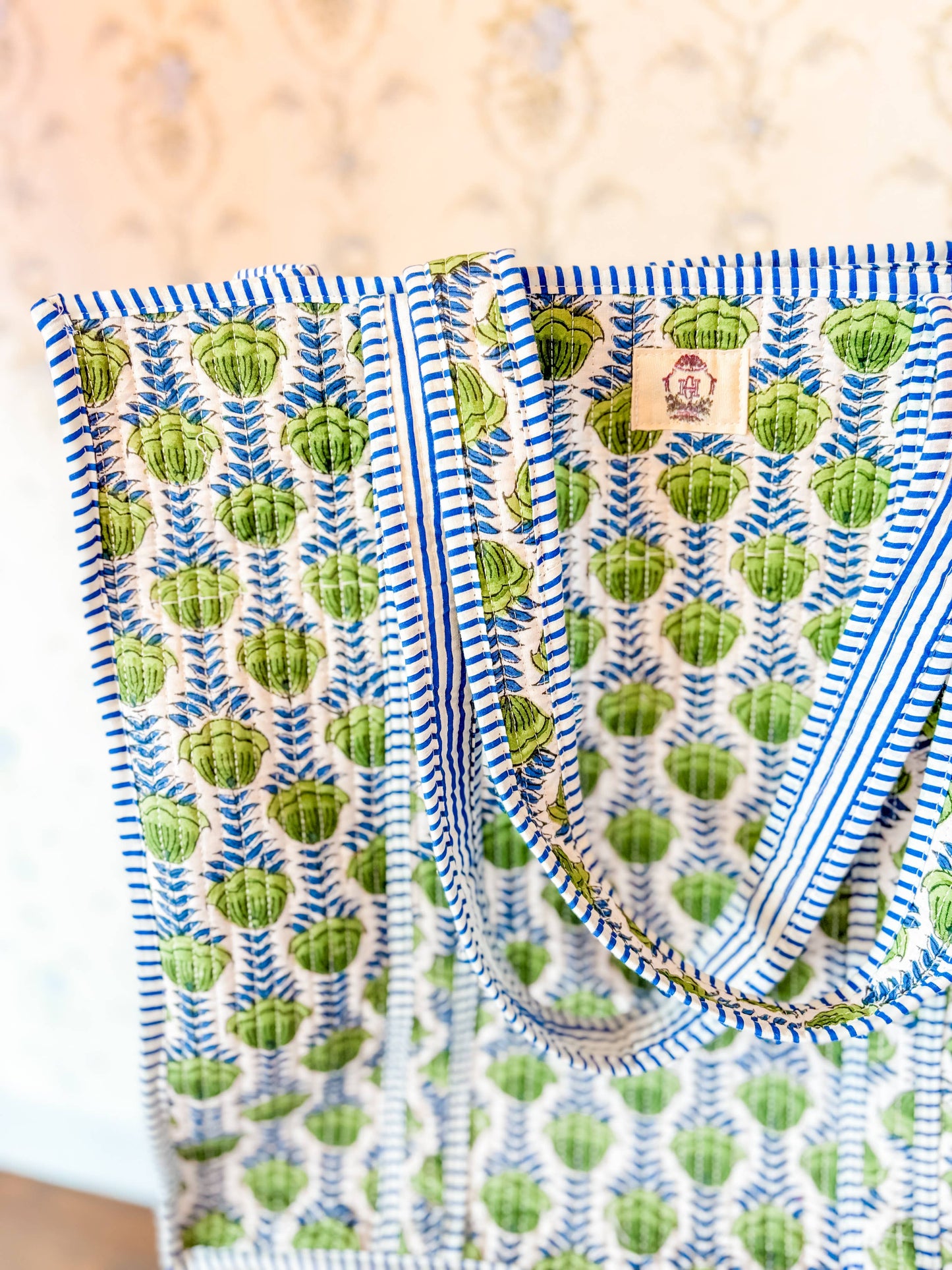 Green Blooms | Large Quilted Tote Bag
