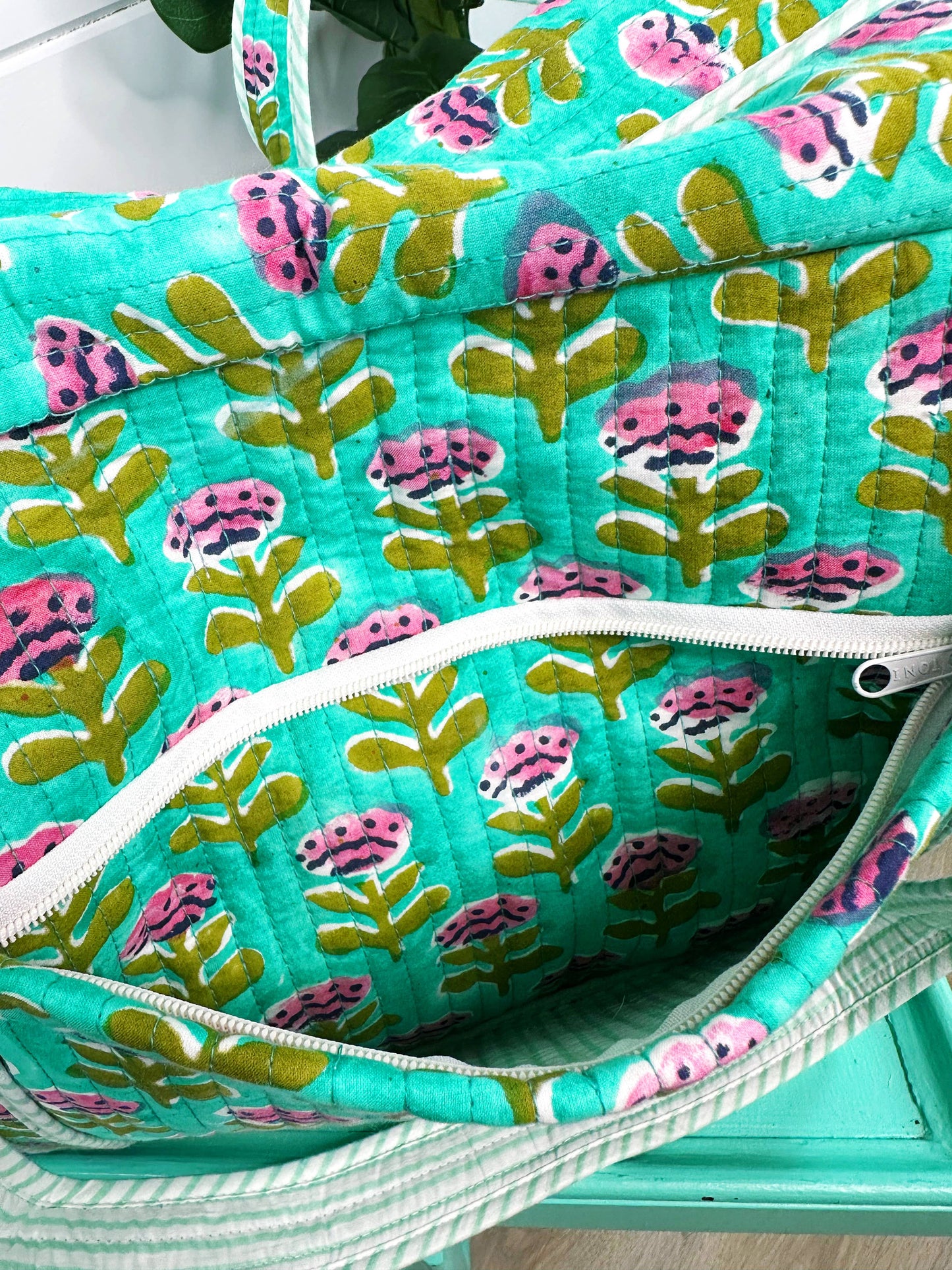 Aqua Floral Print Weekender Overnight Travel Bag -