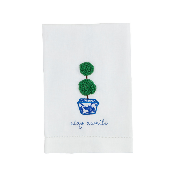Stay Awhile Boxwood Embroidered Towel