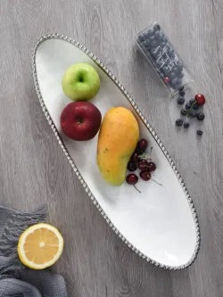 Deep Oval Serving Bowl White and Silver