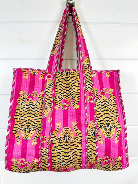 Cotton Quilted Block Print Tote Bag Reversible - Pink Tigers