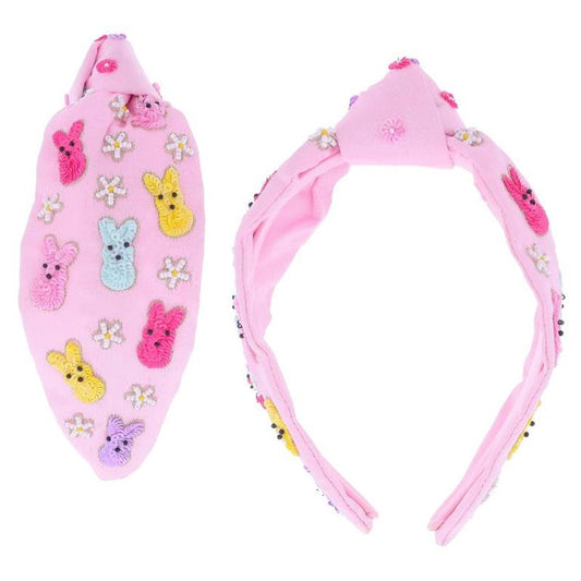 Sequin Bunnies and Beaded Daisies on Pink Knotted Headband