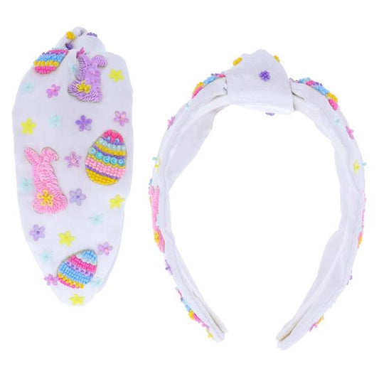 Easter Eggs with Multi Sequin Flowers and Beaded Bunnies on White Knotted Headband