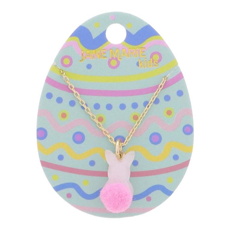 White Pearlescent Acrylic Bunny with Mini Pink Pom Tail Necklace
