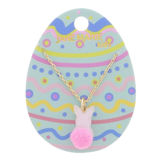 White Pearlescent Acrylic Bunny with Mini Pink Pom Tail Necklace