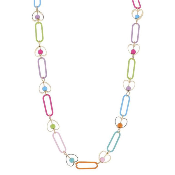 Multi Paperclip Links Necklace with Gold Hearts