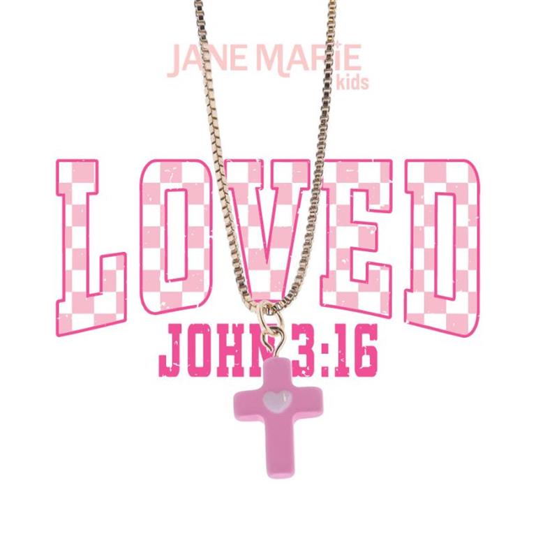 Kids 14" Gold Box Chain with Pink Cross Charm Necklace