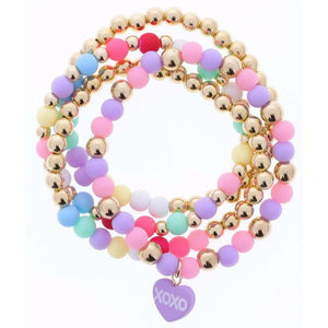 Gold & Ball Beaded, Multi Colored with Purple "XOXO" Heart Charm Stretch Bracelet