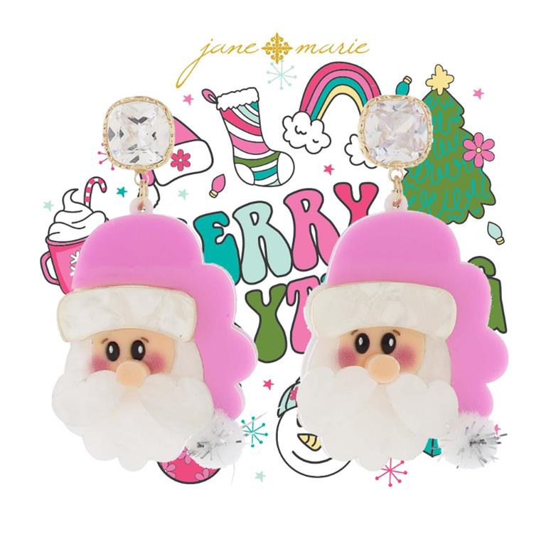 Pink & Pearlescent Resin Santa Face with Pom Earring