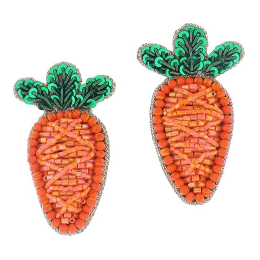 Green and Orange Beaded and Sequin Carrot Earrings