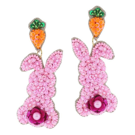 Beaded Carrot Post & Pink Beaded & Sequin Bunny with Pink Sequin Flower Tail Earrings