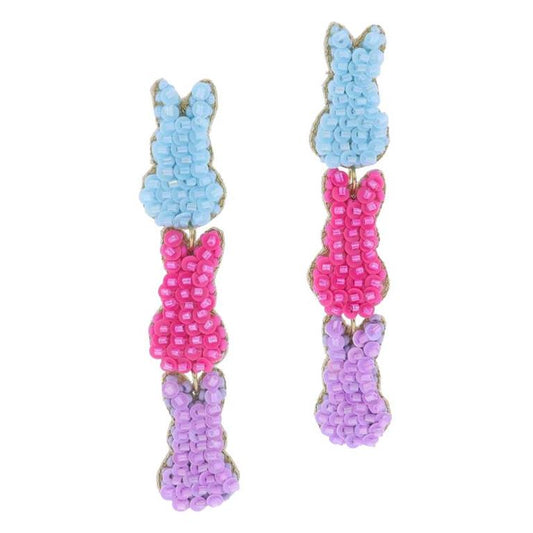 Aqua Blue, Hot Pink, Lavender Tierred Beaded Bunnies Earrings