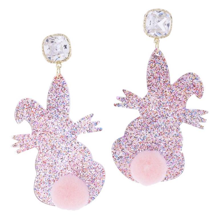 Glitter Resin Bunny with Light Pink Pom Tail Earrings