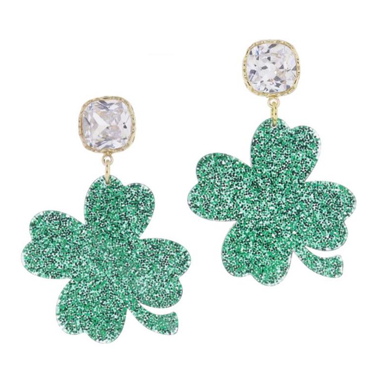 Clear Crystal Post and Green Glitter Four Leaf Clover Earrings