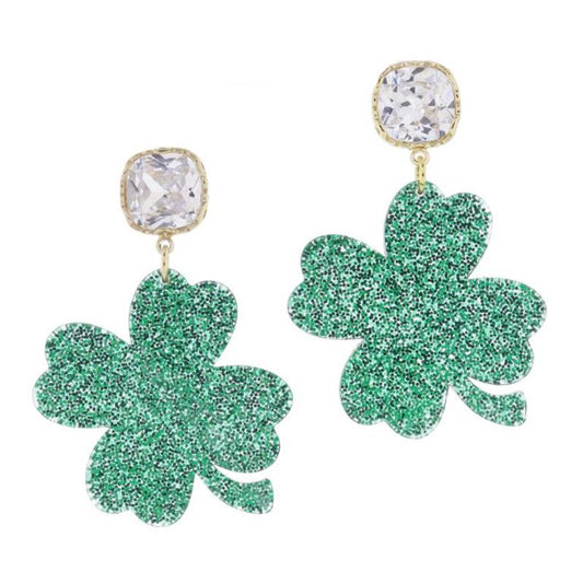Clear Crystal Post and Green Glitter Four Leaf Clover Earrings