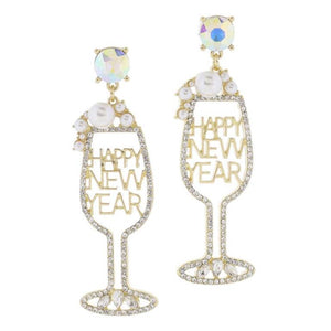 "HAPPY NEW YEAR" Champagne Glass with Pearl Bubbles Earring