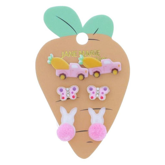 Pink Truck with Carrot, Pink & Purple Butterfly, Pearlescent Bunny Earrings Stud Set