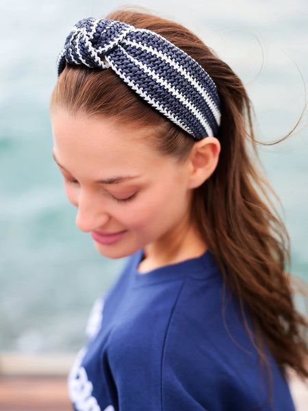 Woven Stripe Knotted Headband-Navy