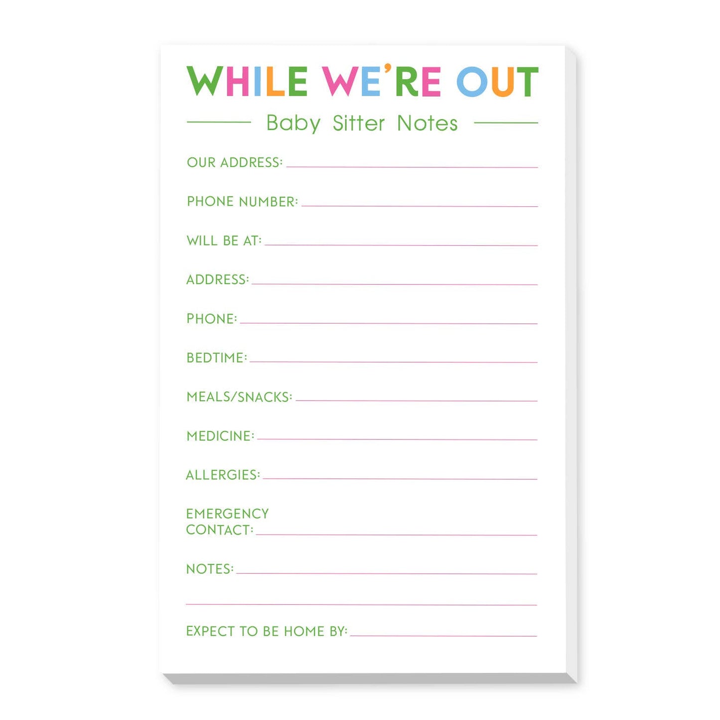 BABY SITTER NOTES PINK LARGE NOTEPAD