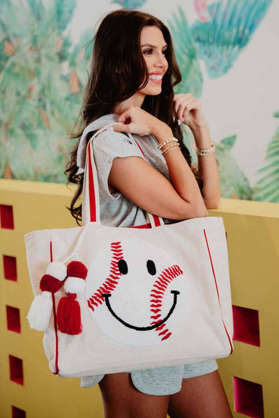 Baseball Oversized Happy Face Tote Bag for Women: Beige Canvas