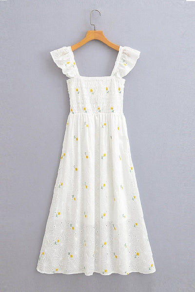 SMOCKED EMBROIDERY DRESS-White