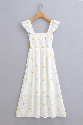 SMOCKED EMBROIDERY DRESS-White