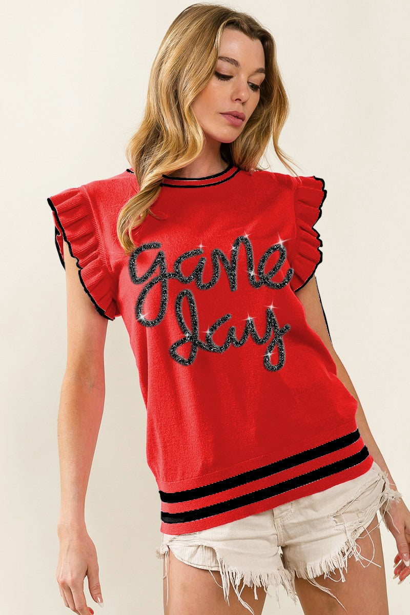 GAME DAY RUFFLED SLEEVELESS SWEATER