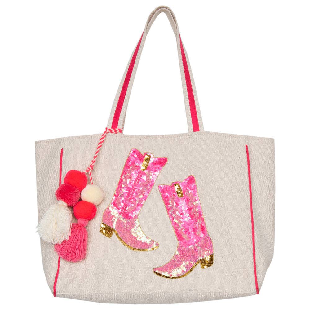Kicking Boots Sequin Canvas Tote Bag: Beige Canvas