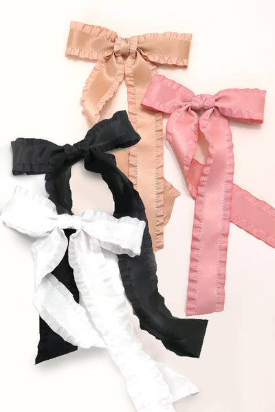 SCALLOPED TRIM SATIN BOW RIBBON HAIR CLIPS