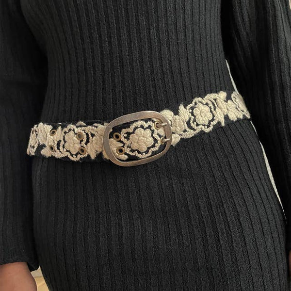 Two-Tone Embroidered Wool Belt, Black/Cream: M