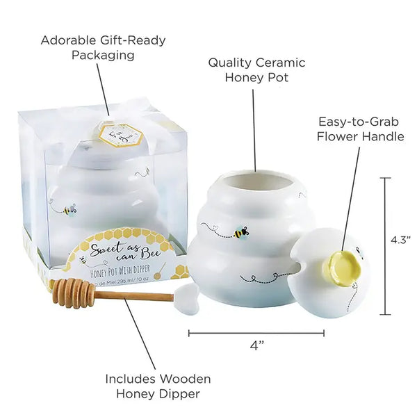 Sweet As Can Bee Ceramic Honey Pot with Wooden Dipper- Large 10oz