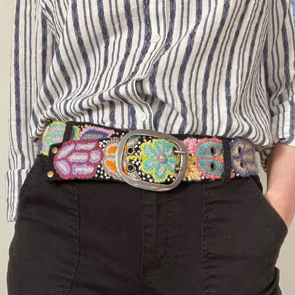 Floral Embroidered Wool Belt, Black: S