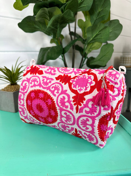Pink Red - Quilted Makeup Bags Travel Cosmetic Toiletry Bag