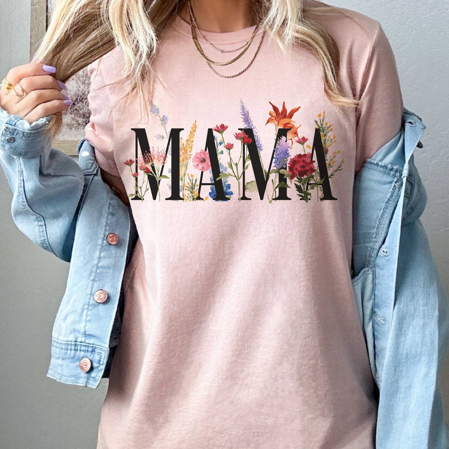 Mama Floral summer Mothers Day Mom Flowers Graphic Tee: Peach