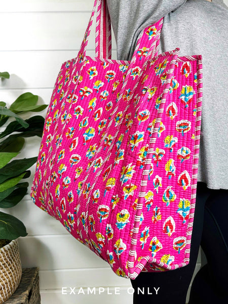 Cotton Quilted Block Print Tote Bag Reversible - Pink Tigers