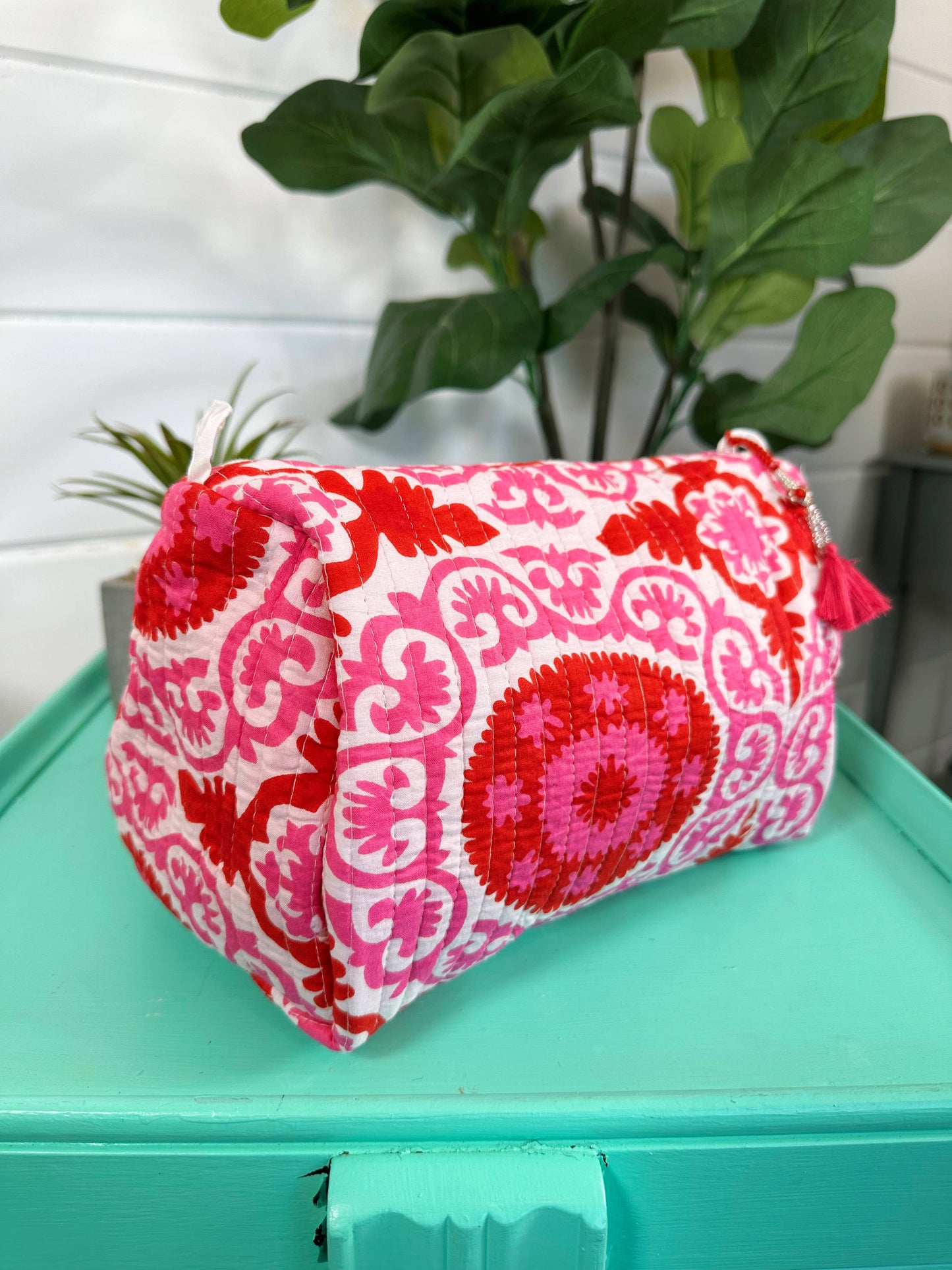 Pink Red - Quilted Makeup Bags Travel Cosmetic Toiletry Bag