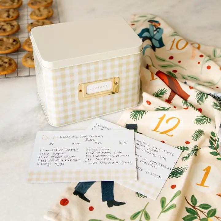 Tin Recipe Box  Beige Gingham