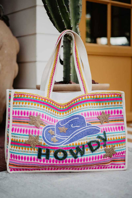 HOWDY Cowgirl Hat Striped Tote Bag: Multicolored