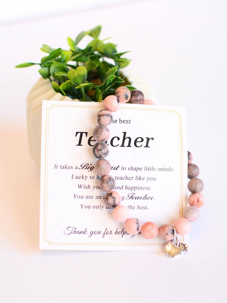 To the BEST Teacher beaded stretch bracelet w/apple charm: Pink