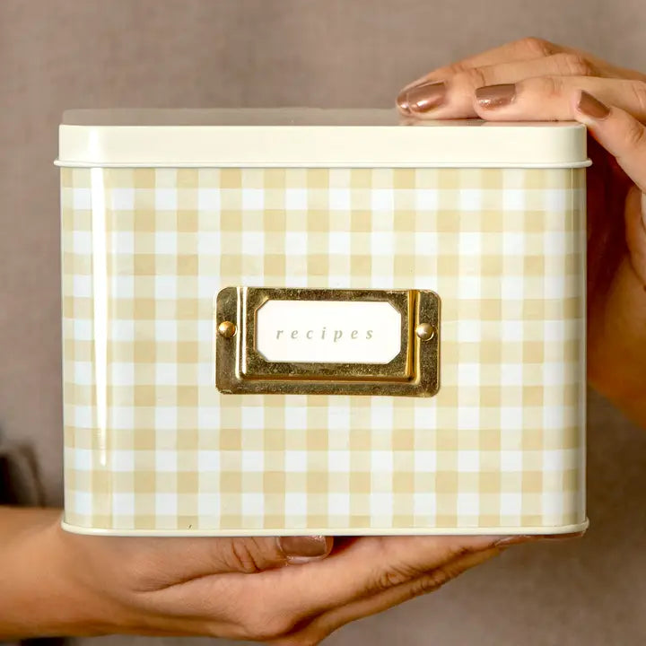 Tin Recipe Box  Beige Gingham