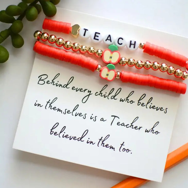 Red Apple Charm Teacher Appreciation Gift bracelet Stack with Card