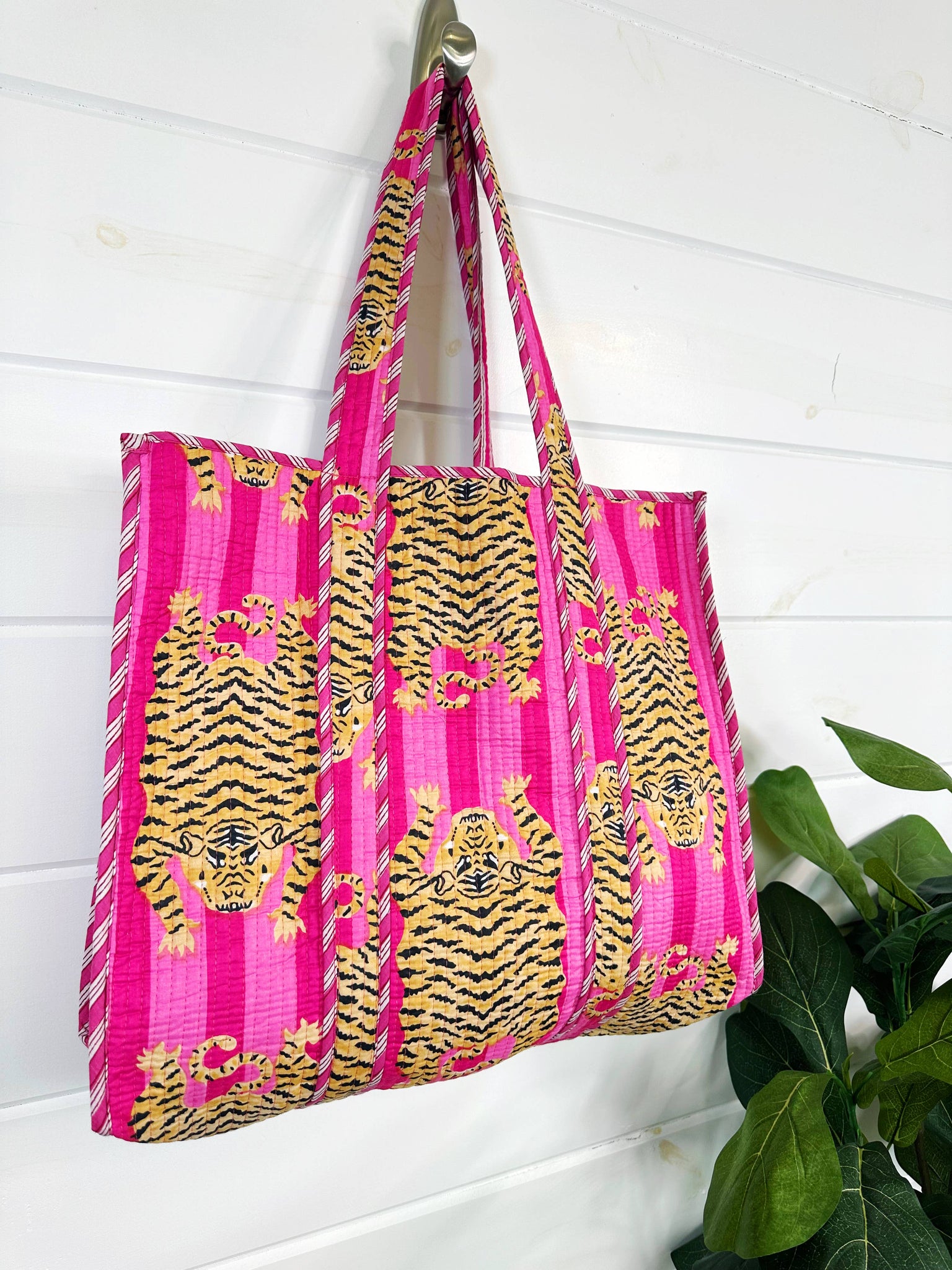 Cotton Quilted Block Print Tote Bag Reversible - Pink Tigers