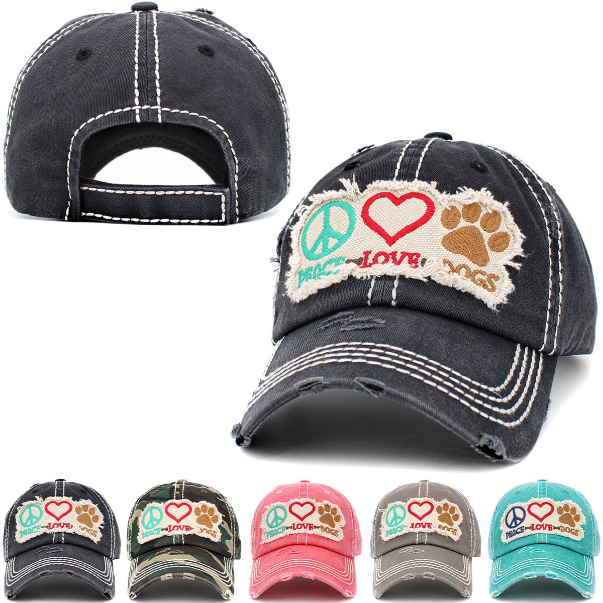 Peace Love Dogs Vintage Ballcap: BLK