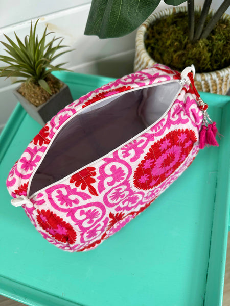 Pink Red - Quilted Makeup Bags Travel Cosmetic Toiletry Bag
