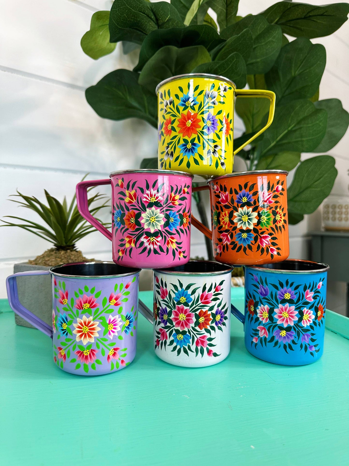 Yellow Hand Painted Floral Stainless Steel Camping Mugs Cups: