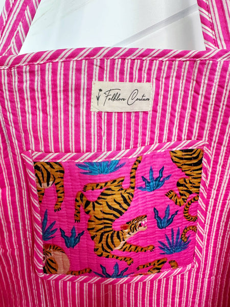 Quilted Tote Bag | Pink Tiger Tote | Large Shopping Tote Bag