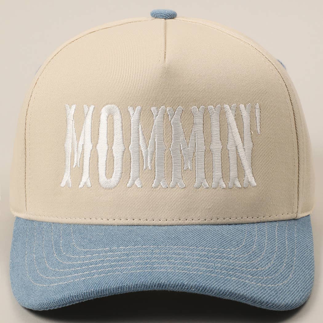 MOMMIN' Letter Embroidery Two-Tone Trucker Hat: LIGHT DENIM
